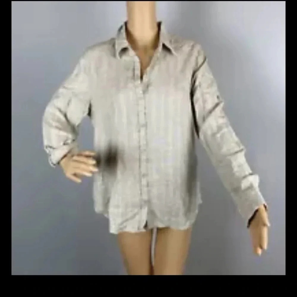 Orvis Womens Small Beige Linen Blend Beige Striped Button Up Long Sleeve Shirt